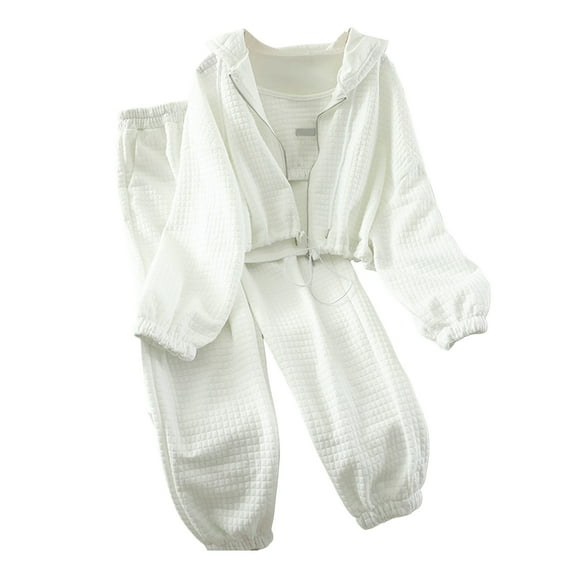 3 Pcs/Set Women Hooded Coat Vest Pants Suit Zip-up Rhinestone Long Sleeve Drawstring Hem Hoodie Elastic Waist Ankle-banded Trousers Winter Daily Wear Tracksuit