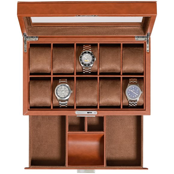 Caja para relojes ROTHWELL de piel con 10 ranuras y cajón para aparcacoches, color marrón y marrón