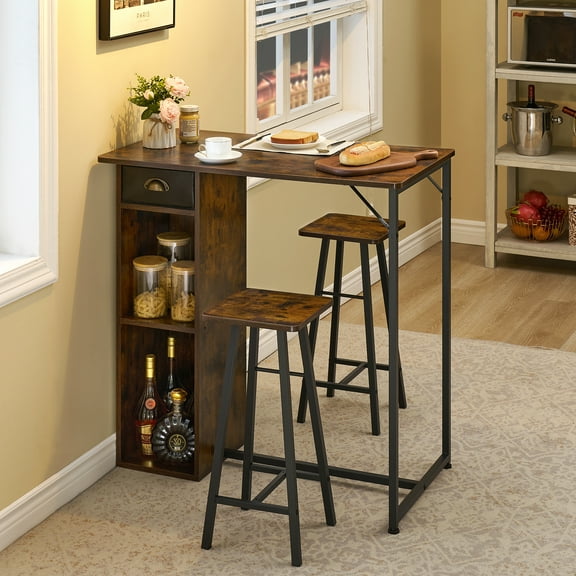 Huloretions Dining Table Set for 2,Small Dining Table Set Height Pub Table with 2 Chairs,Pub Table with 2 Stools with 2 Stools,Bar Table and Chairs Set 3-Layer Storage Shelf &1 Drawer 3-Piece Breakfas