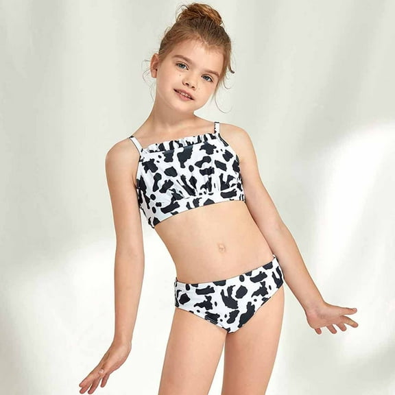 uublik Little Girls Swimsuit Cow Printing Sleeveless Split Swimsuit Bikini Bathing Suit Swimming Set, Sizes 8-14
