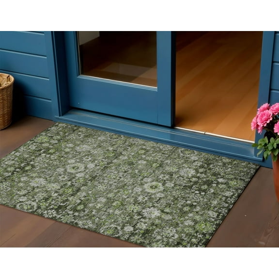 3' X 5' Green And Olive Green Oriental Washable Indoor Outdoor Area Rug