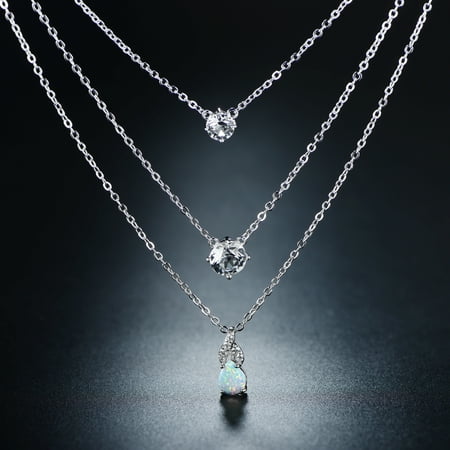 Tourmaline Crystal Pendant - Rhodium-Plating White Fire Opal & Swarovski Crystal Necklace