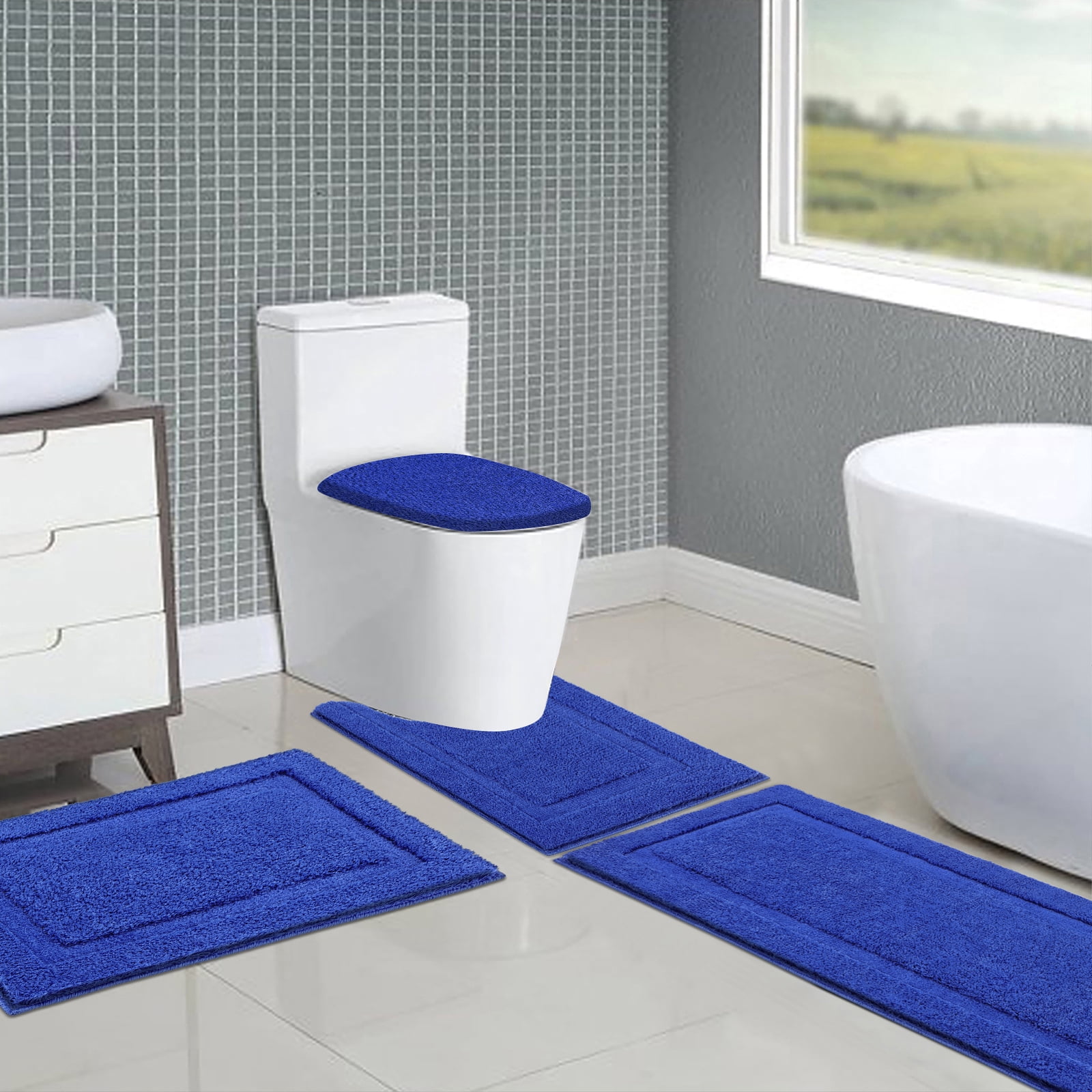 Ileading Bathroom Rugs Set of 4 Soft Bath Mats with Toilet Lid Cover Washable Microfiber Bathroom Mats, Royal Blue