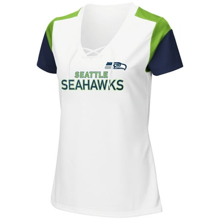 Women's Majestic White/Neon Green Seattle Seahawks Shimmer Lace-Up V-Neck