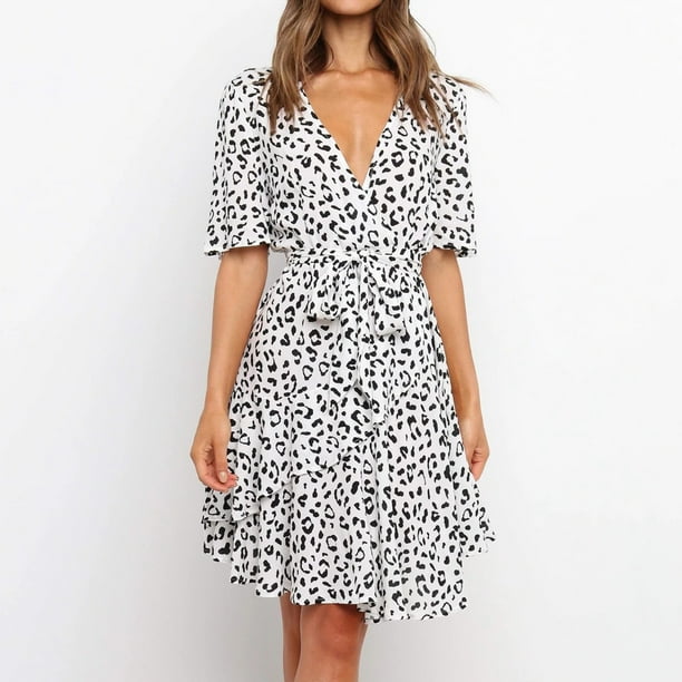 Womens Dresses Clearance Plus Size Trendy Women Spring And Summer V Neck Print Lace Up Mid Length Irregular Dress White S JE Walmart