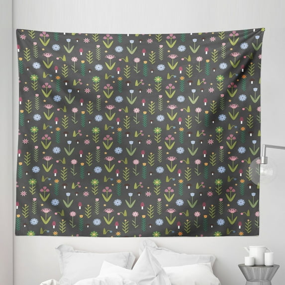 Floral Tapestry, Tulips Iris Daisy Rose Petals Forest Mushroom Pattern, Fabric Wall Hanging Decor for Bedroom Living Room Dorm, 5 Sizes, Olive Green Dried Rose, by Ambesonne