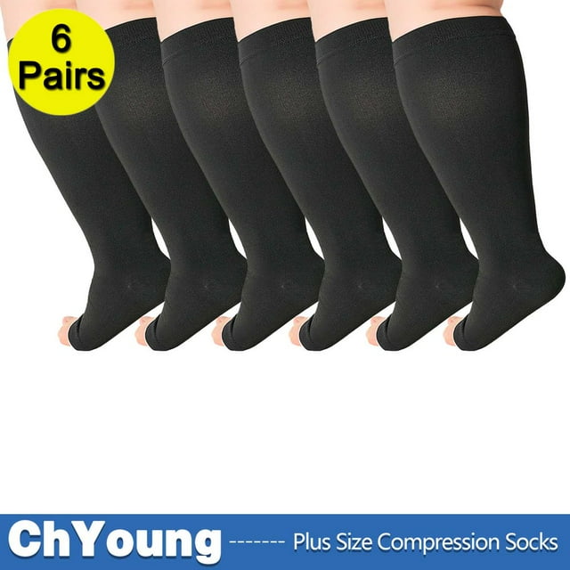 2Pack 4XL Toeless Compression Socks Unisex Extra Wide Calf Open Toe Support Circulation 20-30 mmHg Knee High for Fatigue Pain Leg Swelling Soothing Comfy Gradient Support Prevents Edema B