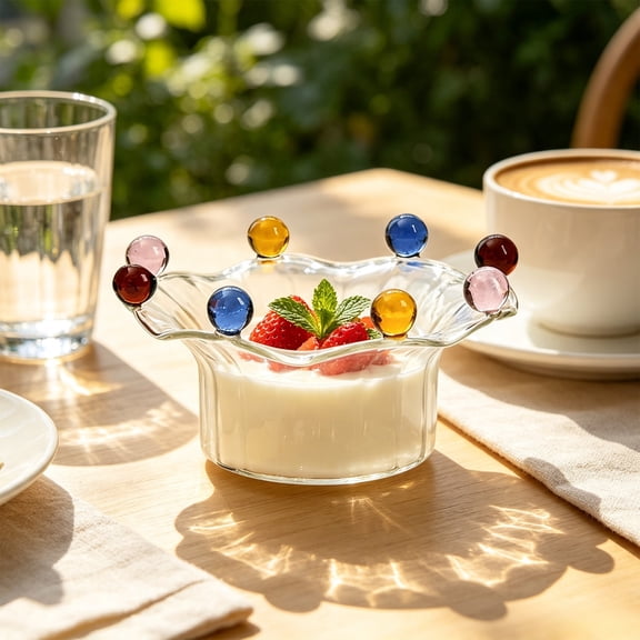 Ruffled Rim Clear Glass Dessert Bowl,Butterfly Decor Fruit Salad Ice Cream Cup,Vertical Stripe Transparent Glass Bowl for Yogurt Pudding Parfait,Home Breakfast Dessert Yellow