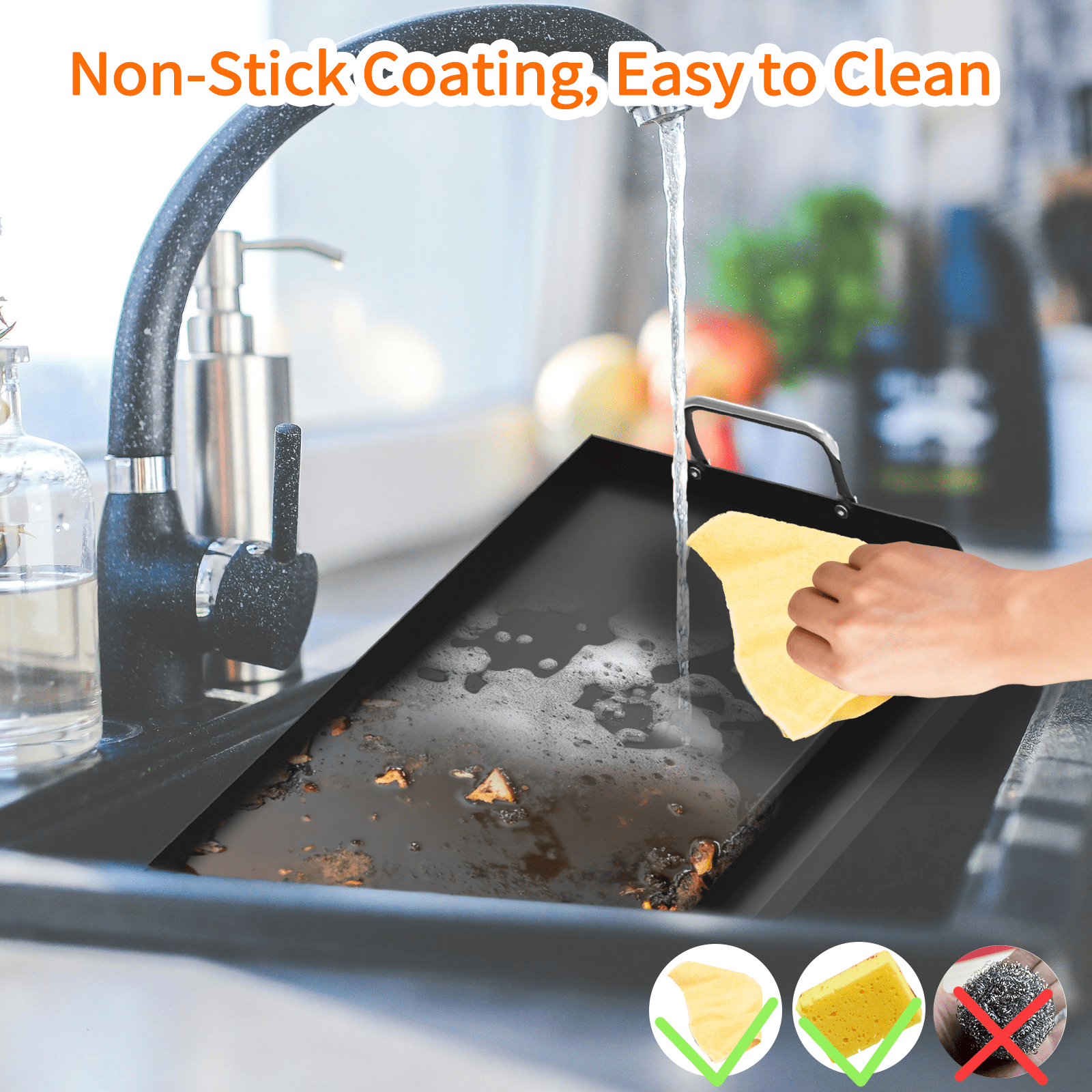 Yacona Griddle for Gas Grill, Outdoor Cast Iron Grill with Grease Trough, Nonstick Stove Top Griddle, 25＂×16＂