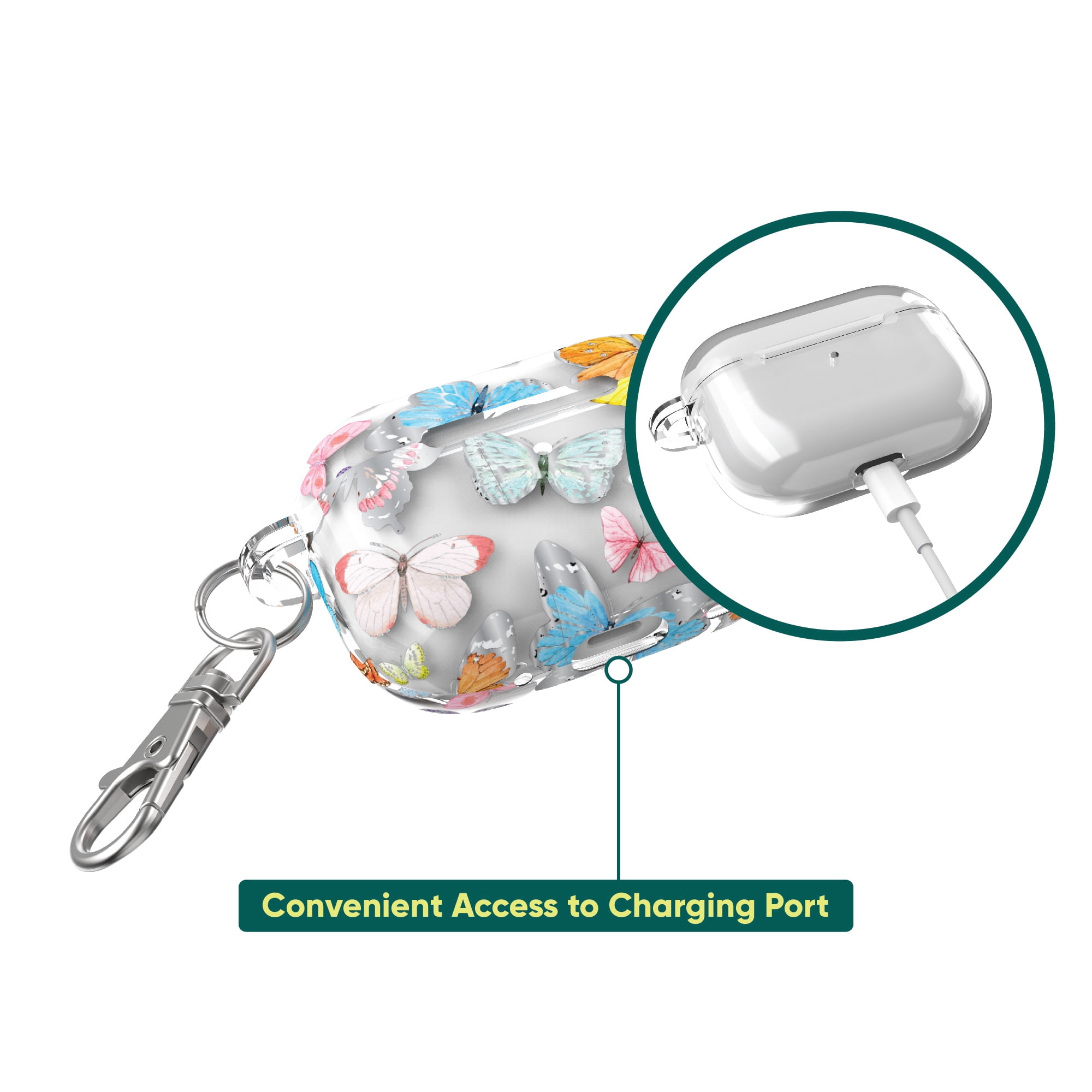 onn. Charging Case Cover with Keychain Clip for Apple AirPods Pro (1st, 2nd generation) - Multicolored Butterflies
