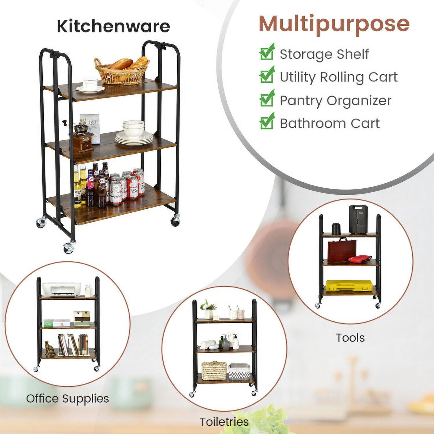 Finihen Rolling Cart, Kitchen Island Cart, Foldable Rolling Cart with Storage Shelves-3-Tier, for Kitchen, Dining Room, Rustic brown Finihen Rolling Cart, Kitchen Island Cart, Foldable Rolling Cart with Storage Shelves-3-Tier, for Kitchen, Dining Room, Rustic brown