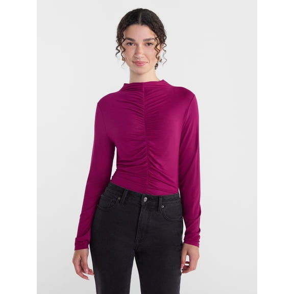Scenario Women's Shirred Mock Neck Top with Long Sleeves, Sizes XS-XXXL