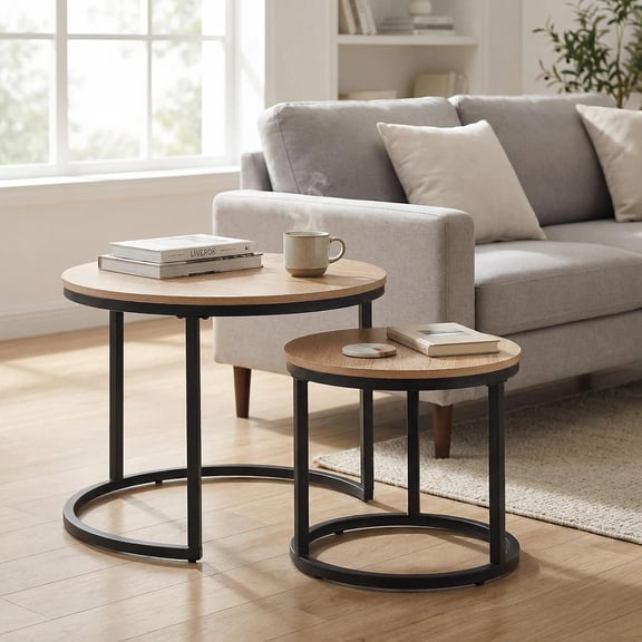 CENSI 24" Round Nesting Coffee Table, Accent Table, Natural Oak, Light Wooden Finish, Space-Saving, Modern Industrial Style