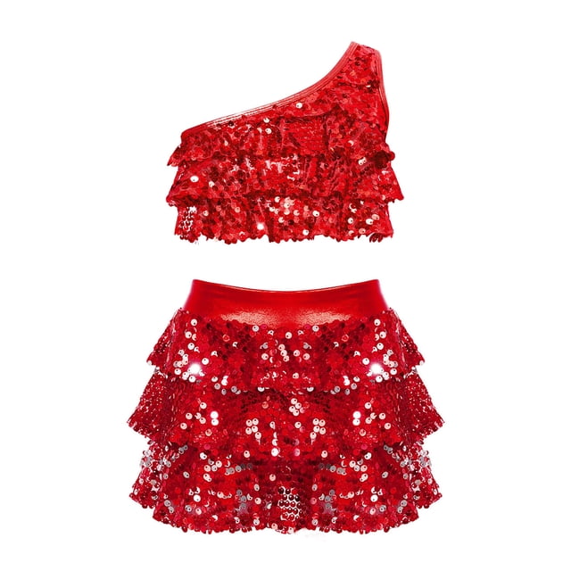 Oyolan Vêtements de Performance Jazz Latin pour Grandes Filles Ensemble de Danse 2 Pcs Haut Court à Sequins avec Jupe Danse Moderne Rouge 10