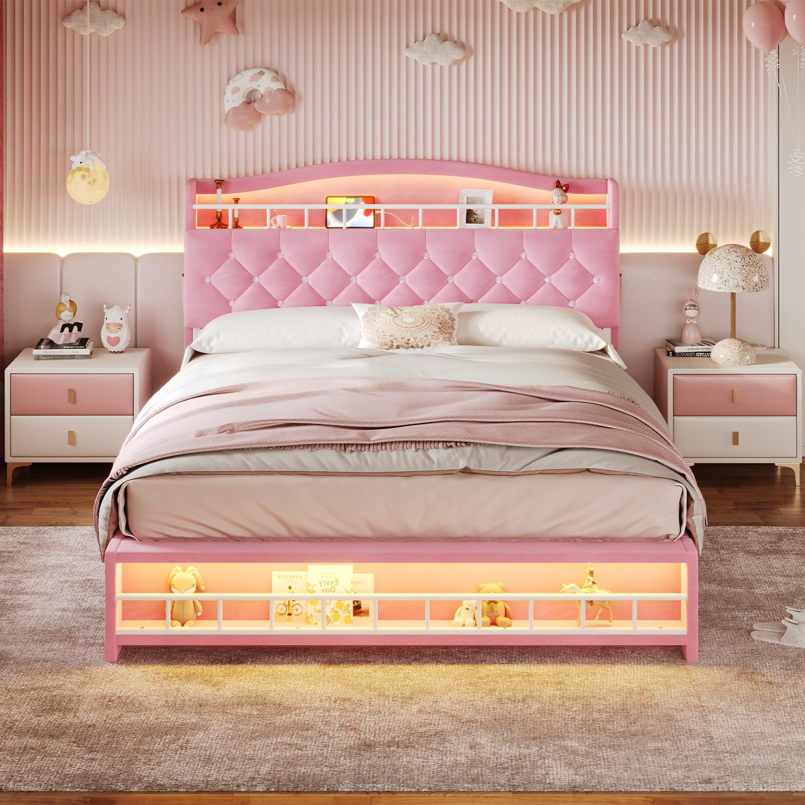 Afuhokles Full Size Bed with LED Lights and Charging Station, Upholstered Bed Frame with Hidden Storage Headborad, Sturdy Platform Bed, Pink