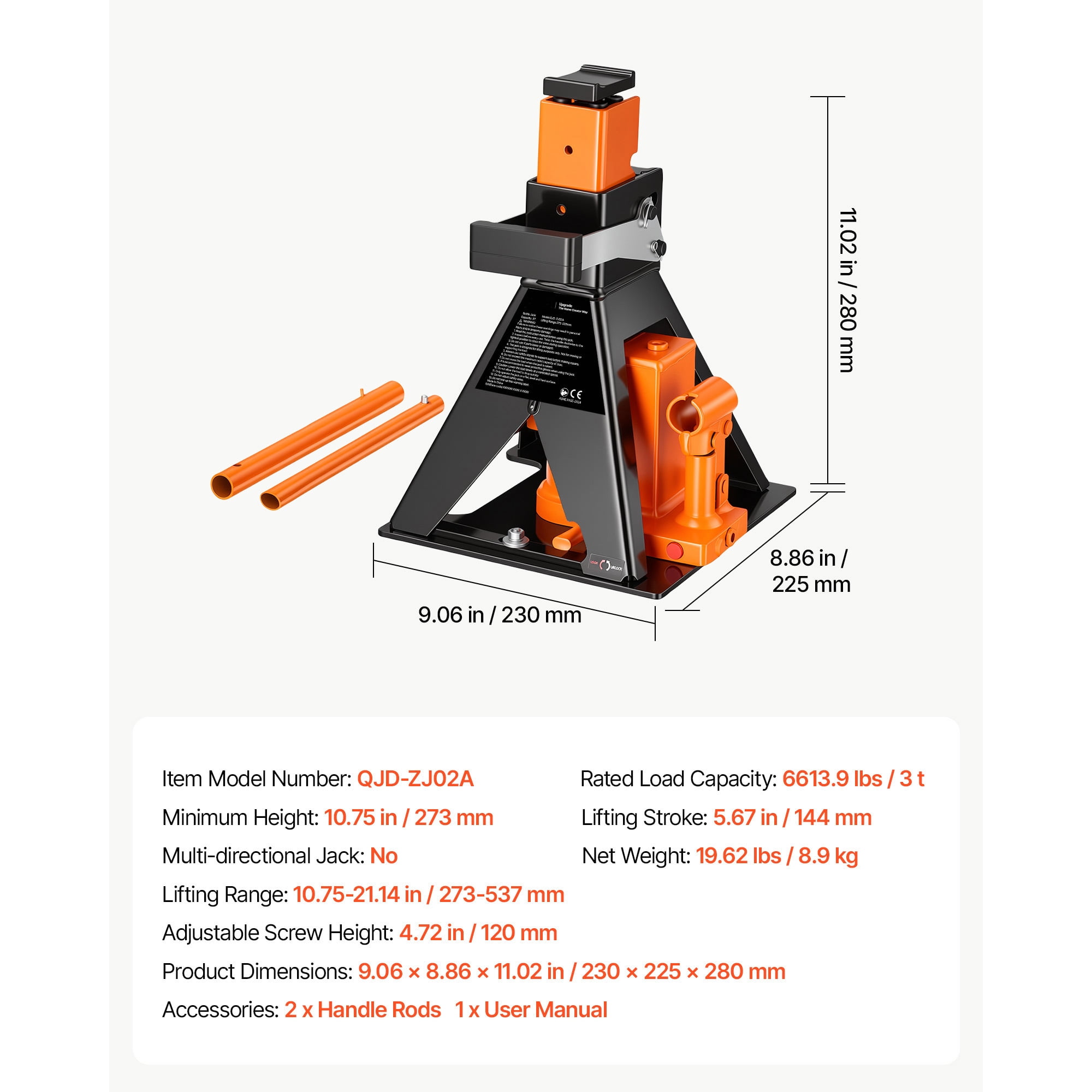 KFFKFF Bottle Jack and Jack Stand Combo, 3-Ton Capacity, Suitable for Sedans, Compact SUVs, and Small Vans, Lifting Range of 10.75"-21.14", Durable Vehicle Support Tool with Stable Base