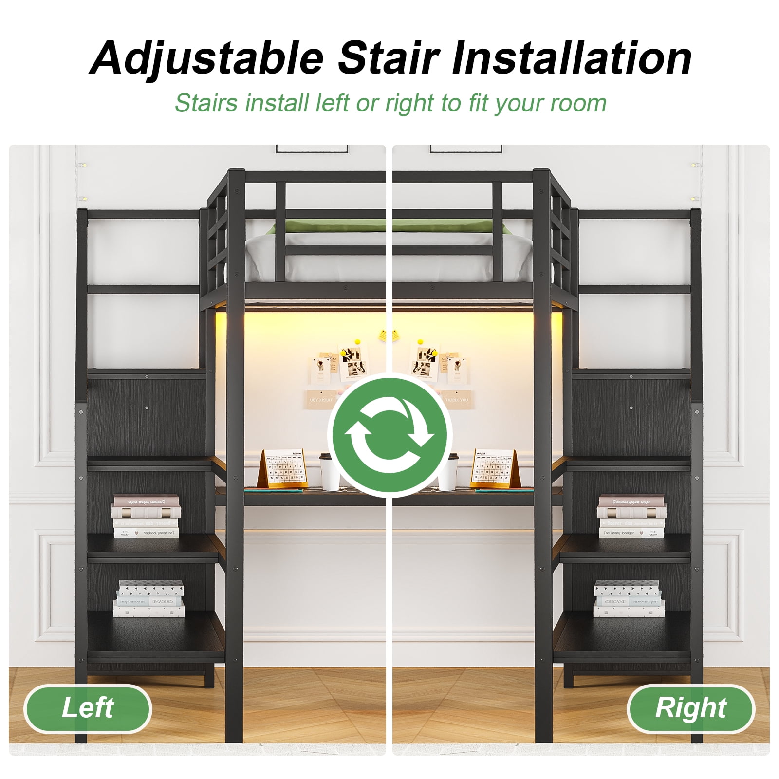 Mintazer Full Size Power Outlet Metal Loft Bed with L-Shaped Desk & Wardrobe, Heavy Duty Loft Bed Frame with Adjustable Shelf and LED Light for Kids Teens, Black