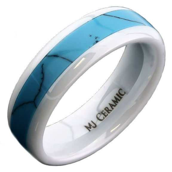 White Ceramic Wedding Band, Inlay Made from Real Turquoise, 6mm Ring Size 4