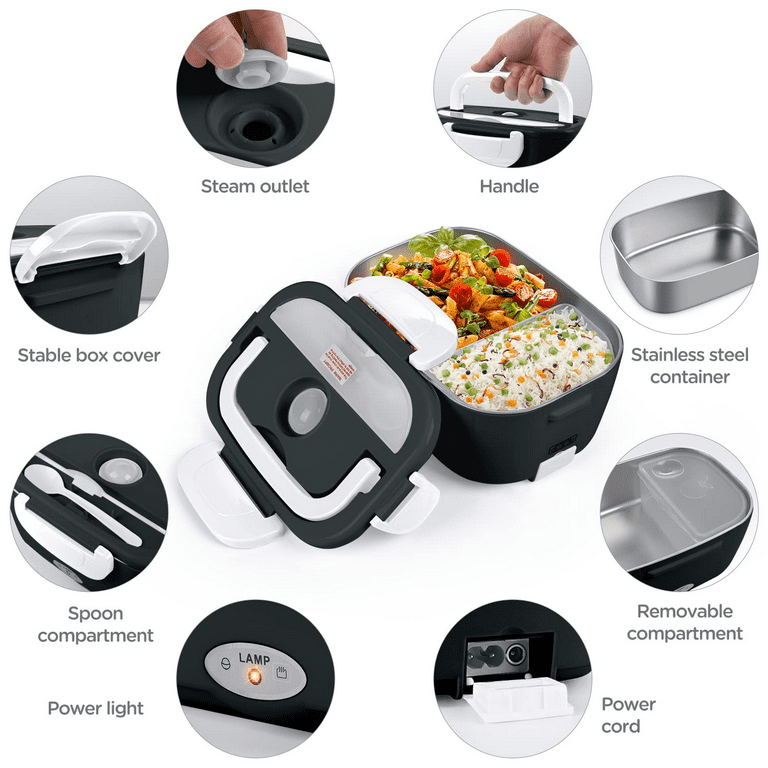 Electric Lunch Box Portable Electric Heating Lunch Box Food Warmer Storage  Container 1.5L, 55W Includes Large Fork, Spoon & Insulated Bag 