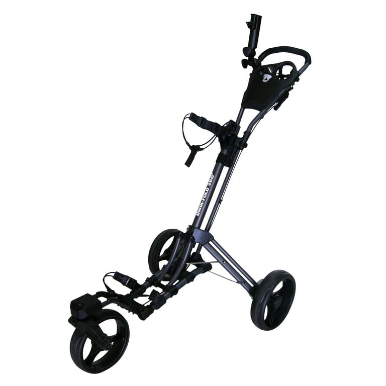 Qwik-fold 360 Swivel 3 Wheel Push Pull Golf Cart - 360 Rotating Front Wheel - One Second to Open & Close! (Charcoal/Blue)