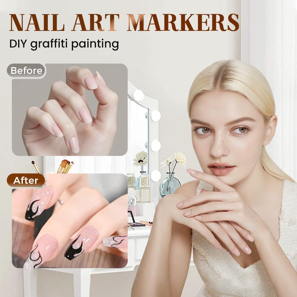 12 Colors Nail Art Pens Set, 3D Nail Art Markers for Kids and Adults, Quick-Dry Waterproof Nail Polish Pens for Drawing Painting and DIY Nail Design