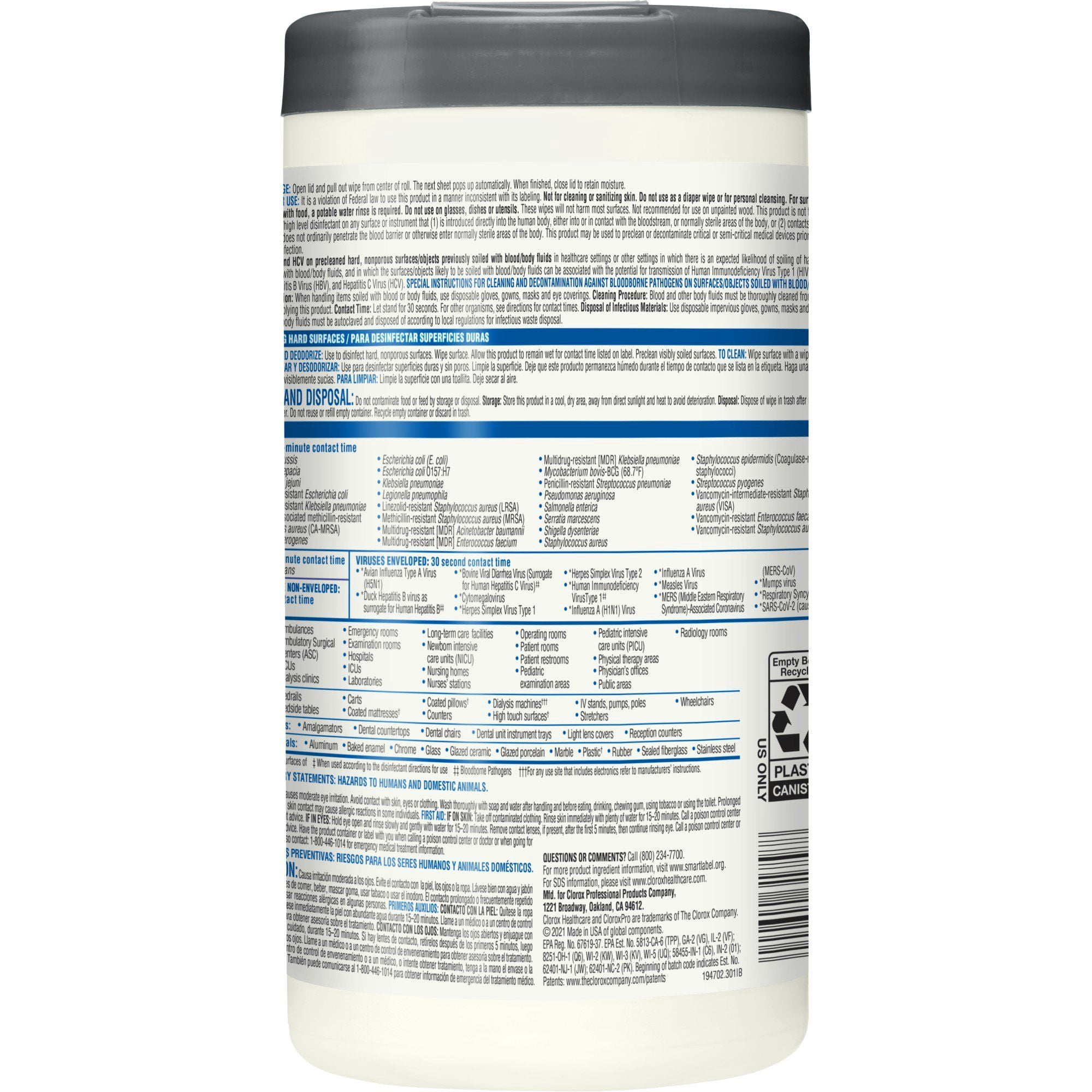Clorox Healthcare VersaSure Surface Disinfectant Wipes, 150 Count Cannister (CS/6)