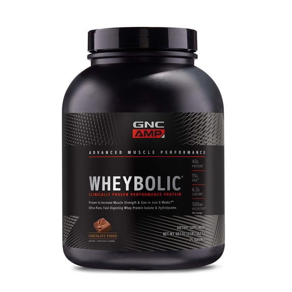 GNC AMP Wheybolic Clinically Proven Protein Powder, Increases Muscle Strength & Muscle Building, 40g Whey Protein, BCAA, Leucine, 3rd Party Tested, Chocolate Fudge, 25 Servings
