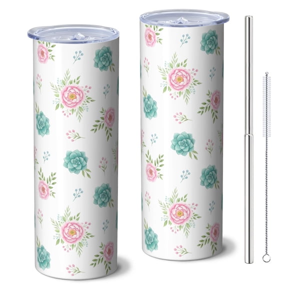 Pioneer Flower Floral Print Pattern 20oz Skinny Tumbler with Straw & Lid, Double Wall Vacuum Insulated Cup, Leak-Proof, Cup Holder Friendly, Hot 6H Cold 12H