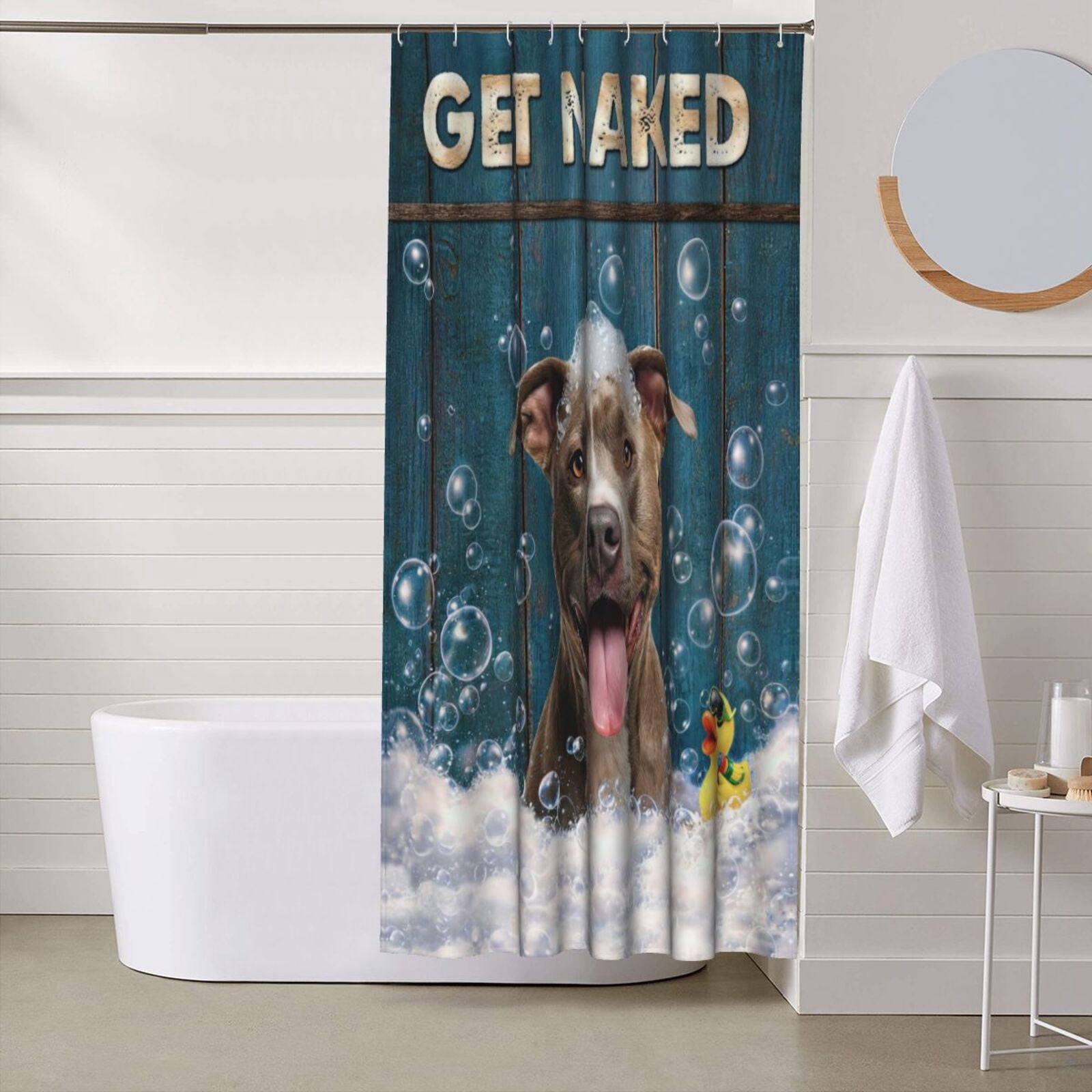 Funny American Pit Bull Terrier Shower Curtain with Hooks - Get Naked Humorous Bath Decor, Waterproof Fabric, Cute Dog in Bubbles with Duck, Funny Bathroom Accessory for Dog Lovers - 60"x72"