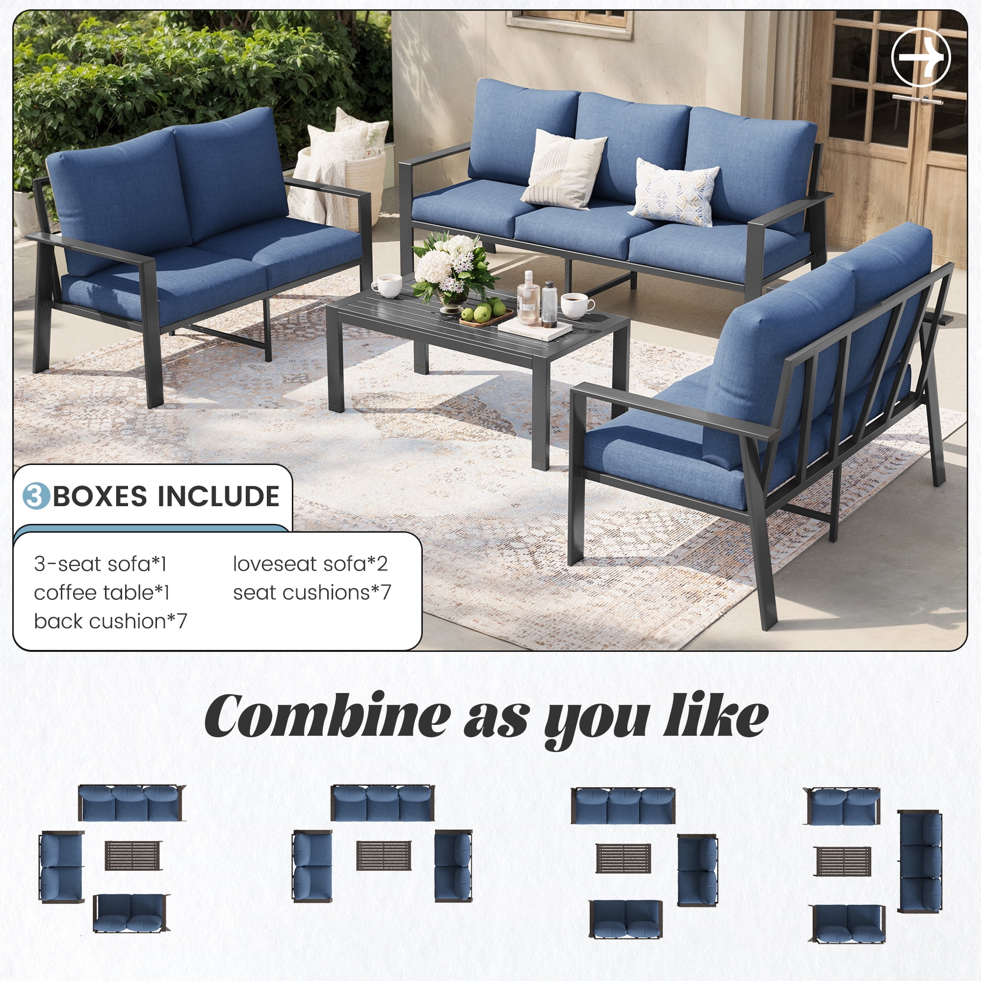 MRUAKA Aluminum Patio Furniture Set, 6 Pcs Modern Outdoor Sofa Sets, Outdoor Sectional Patio Conversation Set with Coffee Table for Backyard, Poolside, Navy
