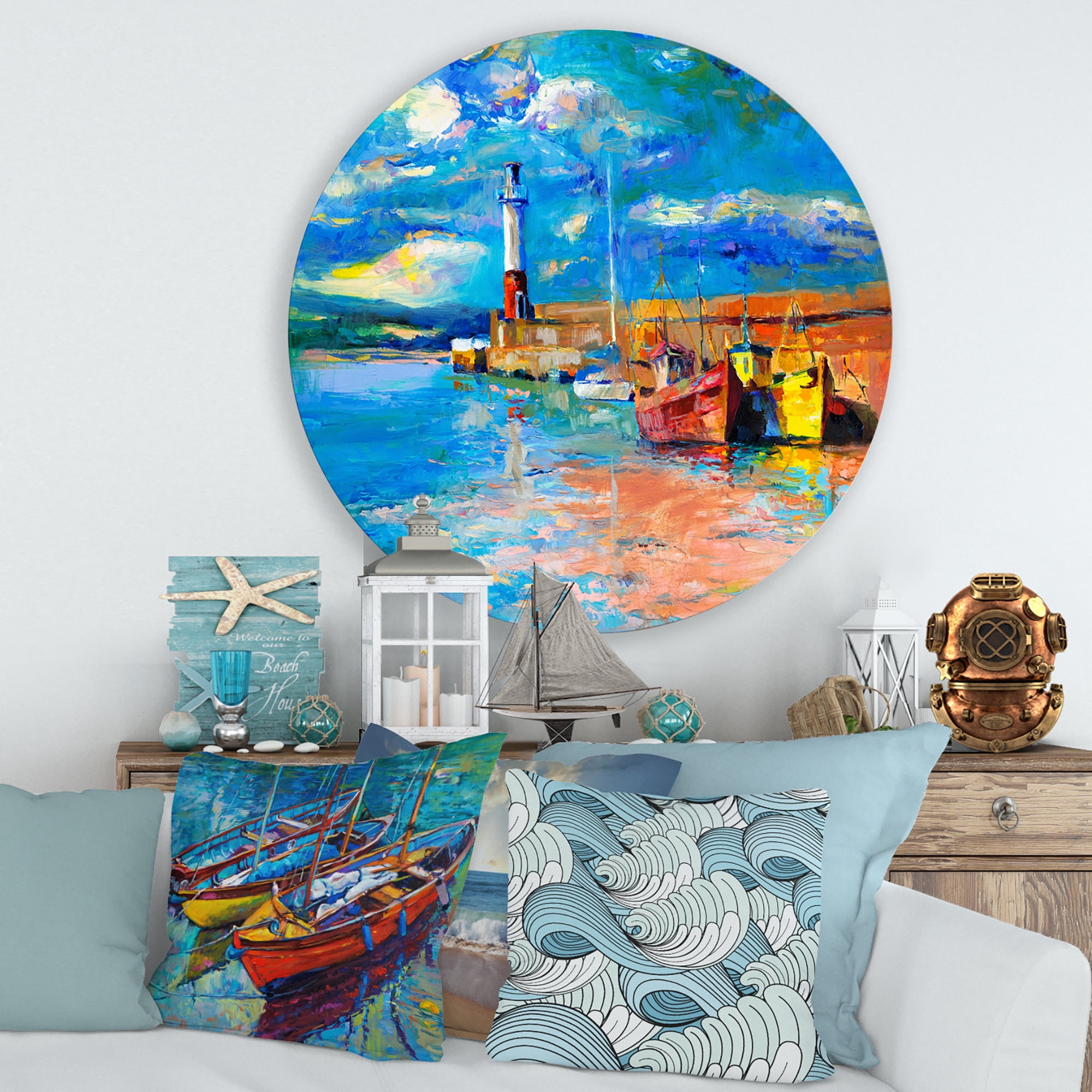 Designart 'Lighthouse By The Shore In Evening Glow ' Nautical & Coastal Circle Metal Wall Art 36x36 - Disc of 36