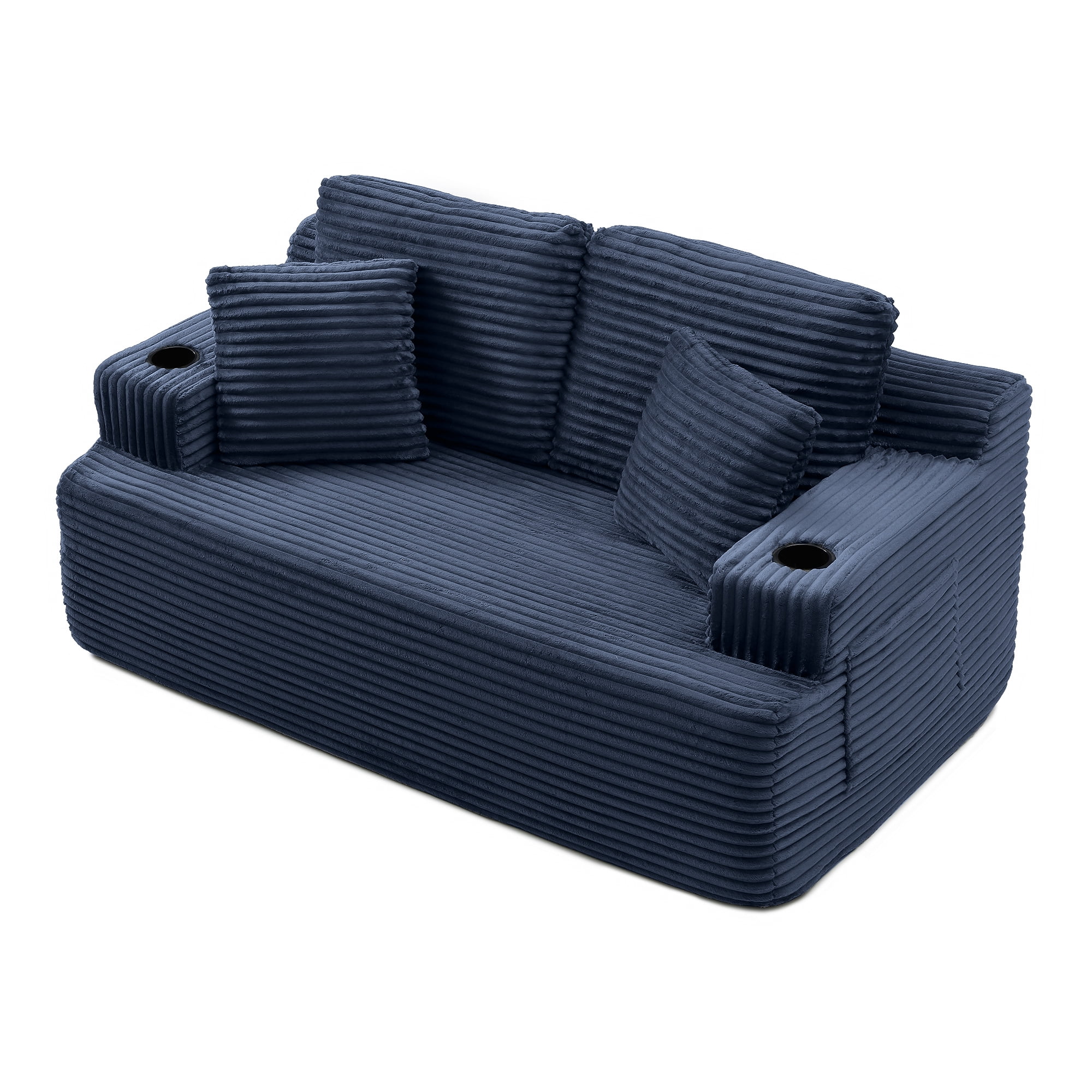 Boneless Loveseat, 2-Seater Floor Couch with Cup Holders and Side Pockets, Corduroy Fabric No Assembly Sofa for Small Space or Apartment, 66.5 Inch, Blue