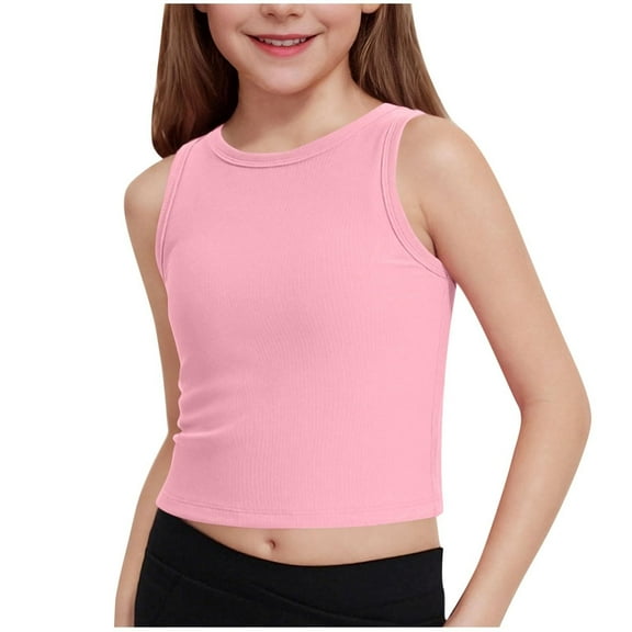 newwalpole Girls Tank Tops Kids Athletic Tank Ribbed Knit High Neck Crop Tops for Gym Yoga Pink for 13-14 Years