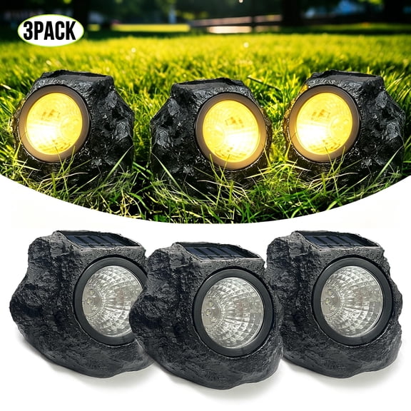 MIKISS Solar Rock Landscape Lights, Fake Stone, LED, Waterproof IP65, Auto On/Off, Warm White, 3-Pack