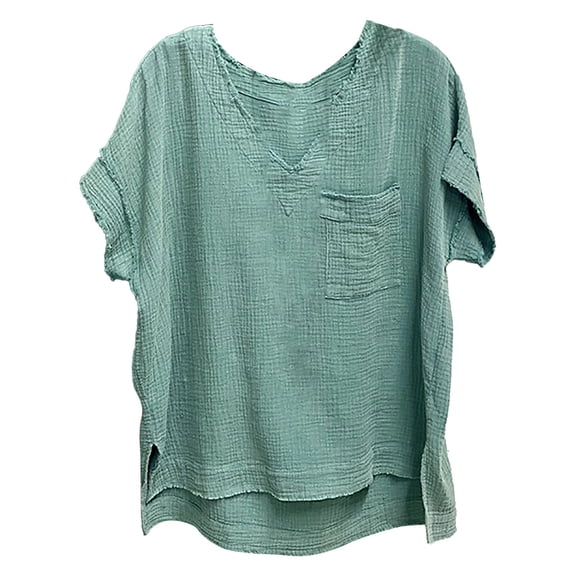 Vedolay Tops Satin Silk Blouses for Women 2023 Shirts Short Sleeve Casual V Neck Tunic Tops for Work,Blue XL