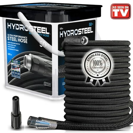 HydroSteel Garden Hose 50' ft Water Hose For Outside Heavy Duty Metal Hose Stainless Steel with Nozzle Flexible Kink-Free