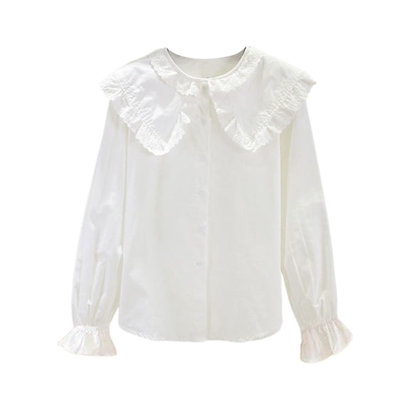JIAYUE Girls Blouse Solid Color Peter Pan Collar Kids Long Sleeve Elegant Ruffled Down School Relaxed Fit Children Tops