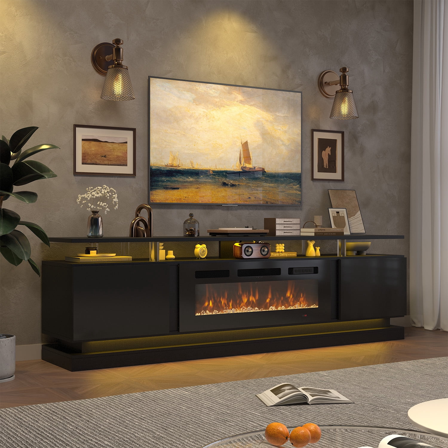 BaPiPro 80" Modern Electric Fireplace TV Stand for TVs Up to 90", Entertainment Center with Music Sync LED Lights & Storage Cabinets, Media Console for Living Room, Black