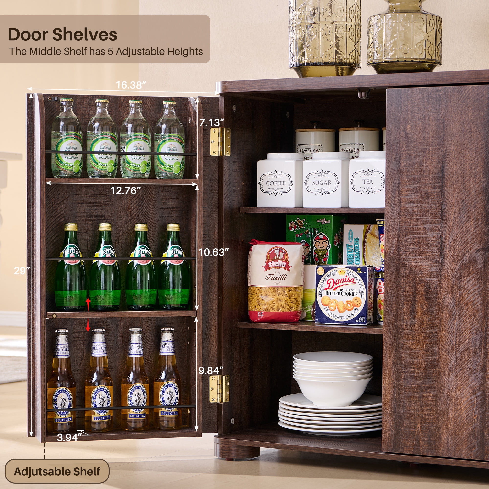Aitjunz Kitchen Buffet Sideboard Cabinet, 66" Curved Coffee Bar Storage Cabinet with 4 Doors and Shelves for Kitchen, Dining Room, Brown