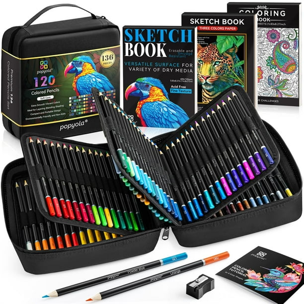 Juego de lápices de colores POPYOLA 136 unidades con cuaderno de bocetos y libro para colorear