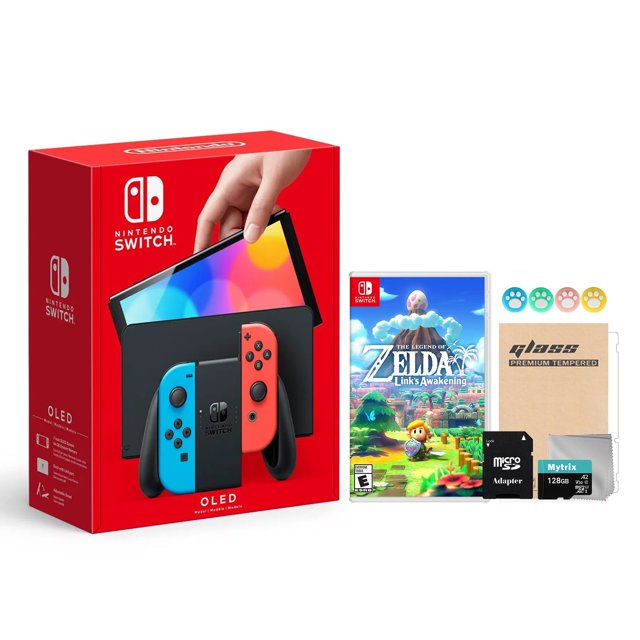 2021 Nouveau Modèle Nintendo Switch OLED Rouge Néon & Bleu Joy Con Console 64GB Écran HD & Dock avec Port Lan avec The Legend of Zelda Link's Awakening et Accessoires Mytrix