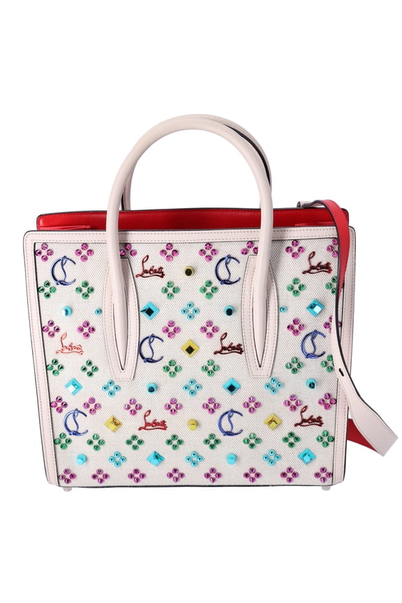 Pre-Owned Christian Louboutin Loubinthesky Medium Paloma Satchel Canvas Spikes Ivory