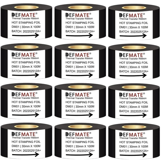 Cinta de transferencia térmica DEFMATE, 30 mm x 100 m, 12 rollos, color negro
