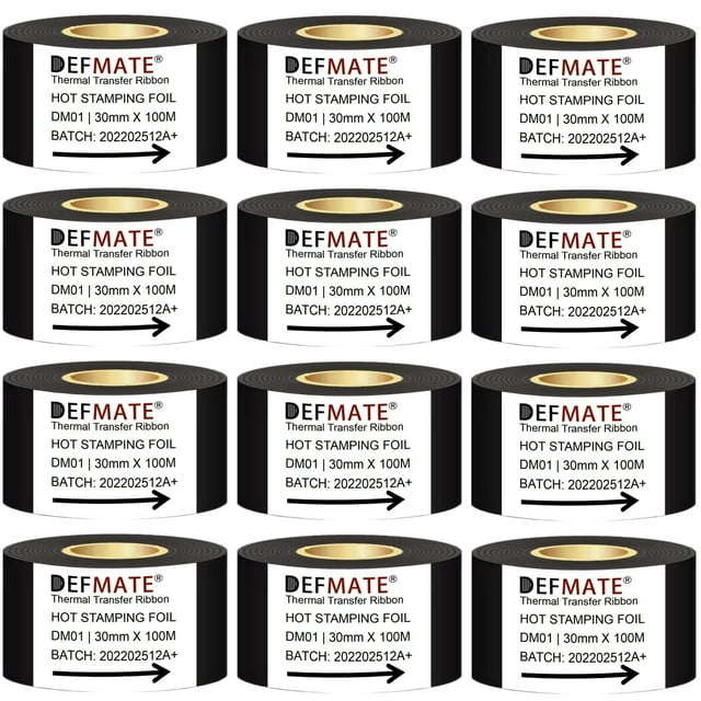Cinta de transferencia térmica DEFMATE, 30 mm x 100 m, 12 rollos, color negro