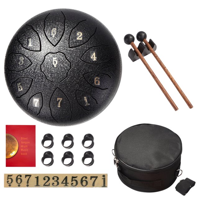 Tambor De Lengua Steel Tongue Drum 11 Tone Hand Pan Tank Drum Instrumento de percusión (Negro)