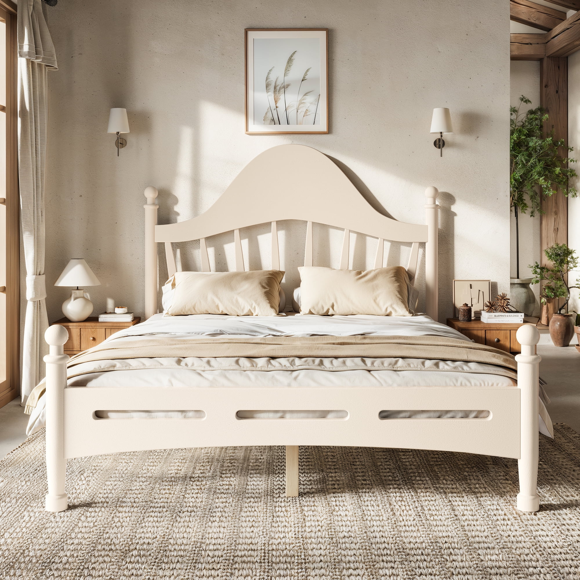 Leumius Full Size Platform Bed with Chic Headboard, Solid Wood Bed Frame with Slatted Support, Low to Ground Design for Bedroom Beige