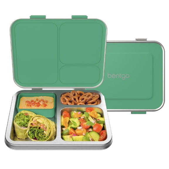 Bentgo Kids Stainless Steel Leak-Resistant Lunch Box - 3-Compartments with Bonus Silicone Container, Durable, Eco-Friendly, Dishwasher Safe, BPA-Free, Ideal for School, Ages 3  (Green)