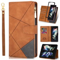 Galaxy Z Fold 3 5G Case(2021), Allytech Wallet Case Zipper PU Leather Anti-Scratch Card Slots Flip Kickstand Wrist Lanyard Strap Magnetic Closure Purse Case for Samsung Galaxy Z Fold 3(7.6"), Brown