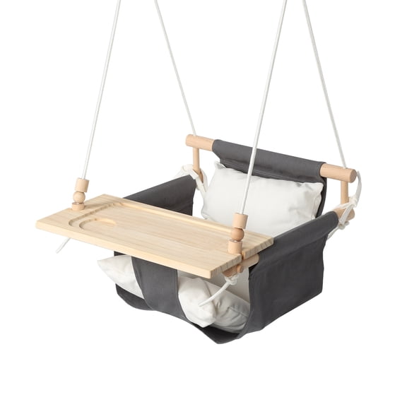 KINSPORY Adjustable Toddler Canvas Swing, High Back Baby Swing with Soft Cushion, Safety Buckle & Detachable Tray, Indoor Outdoor Play Set (Grey)