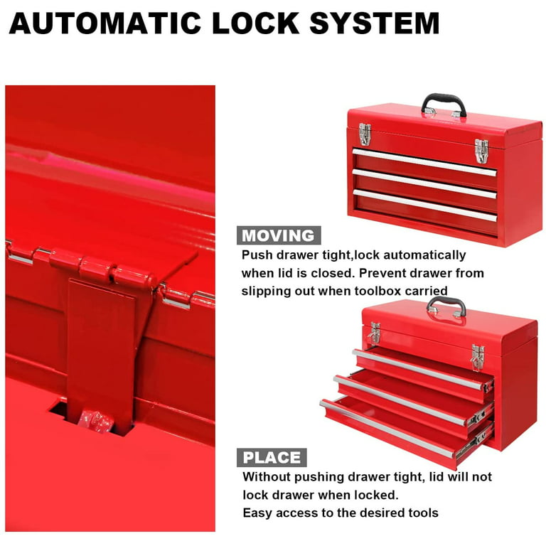 Big Red 20 Portable Metal Tool Box 3 Drawer Steel Tool Chest with